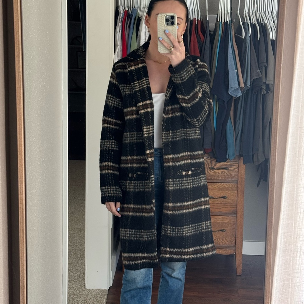 Plaid Long Coat in Black and Brown